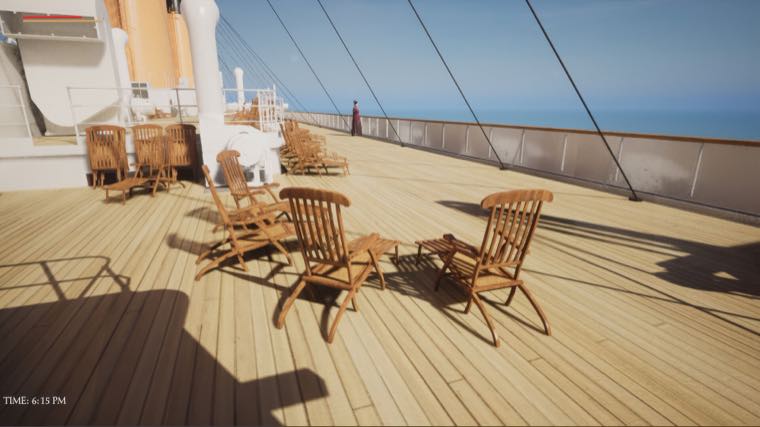 The open boat deck by day: wooden deck chairs, the ship's funnels and rigging, a passenger at the rail looking out to sea