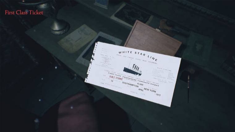 A White Star Line first class contract ticket lying on a desk, reading R.M.S. Titanic, Southampton to New York, April 1912